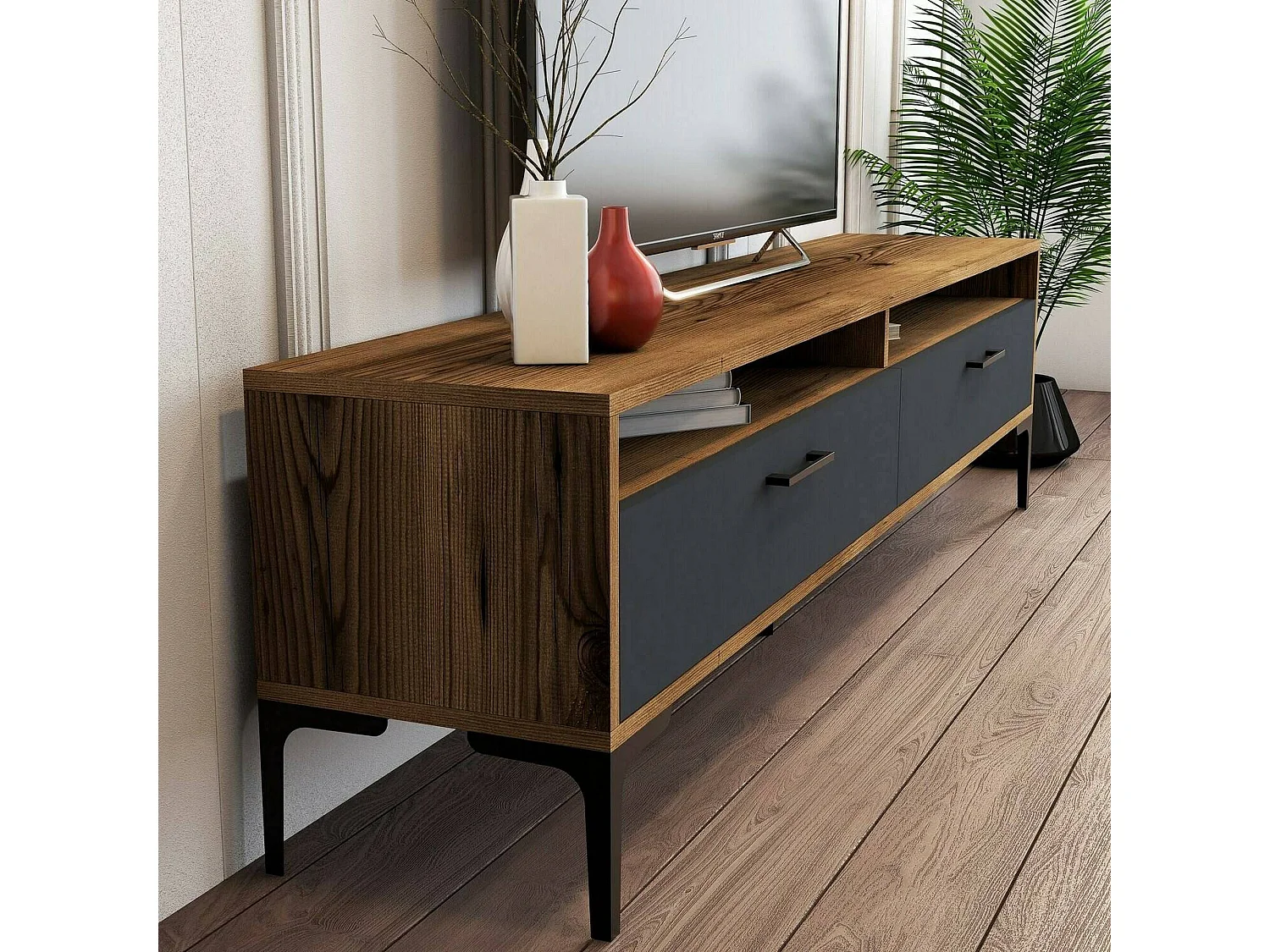Meuble TV Eltanin, Buffet de salon, Armoire basse pour TV, Base murale de rangement, 180x47h35 cm, Noyer et Anthracite