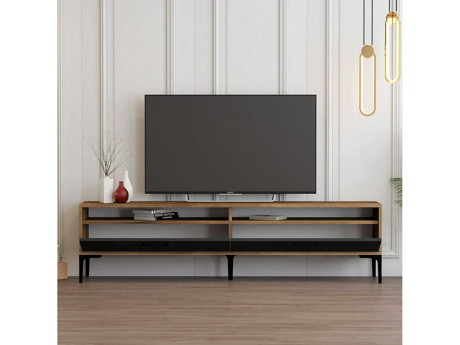 Meuble TV Eltanin, Buffet de salon, Armoire basse pour TV, Base murale de rangement, 180x47h35 cm, Noyer et Anthracite