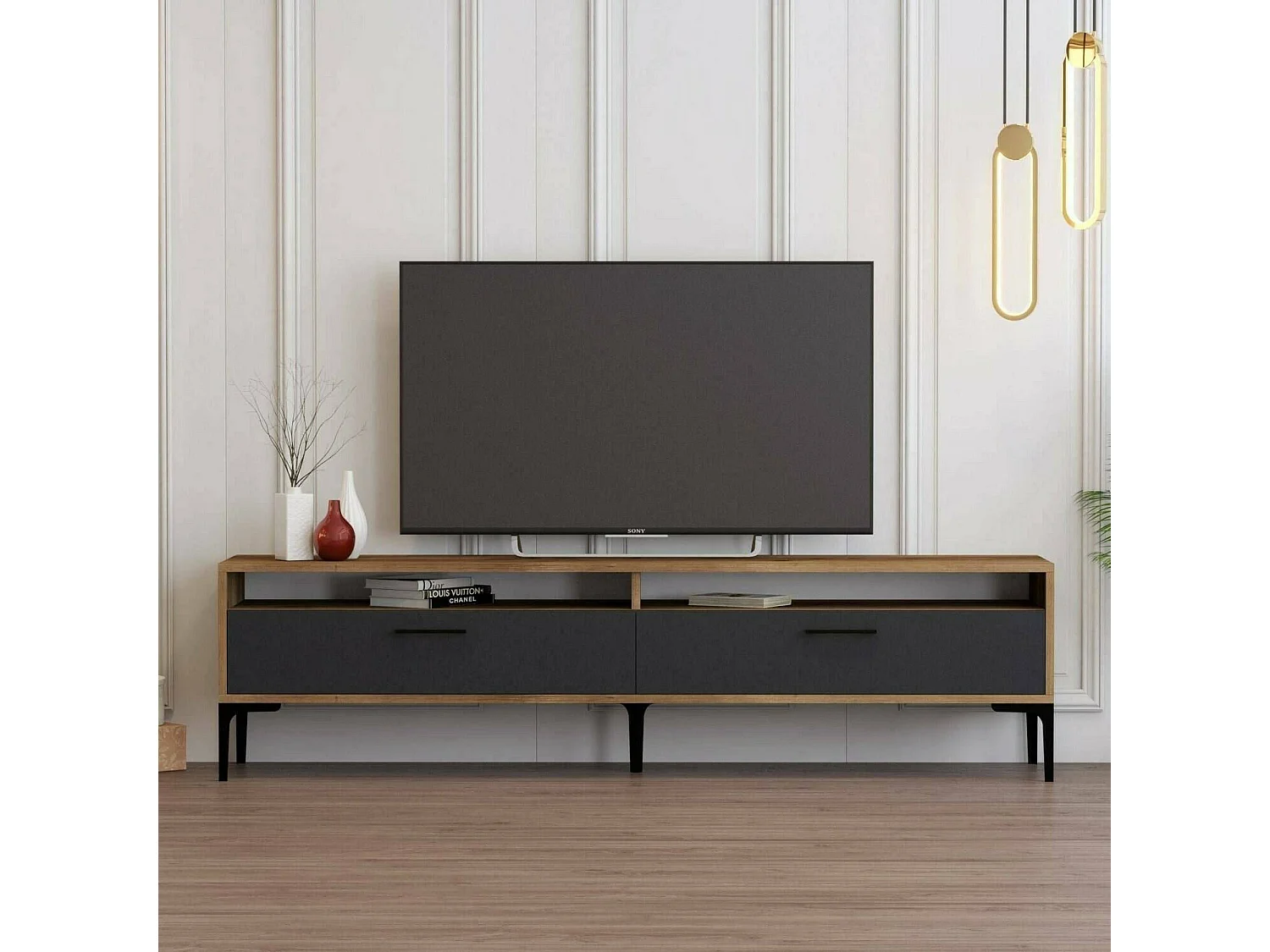 Meuble TV Eltanin, Buffet de salon, Armoire basse pour TV, Base murale de rangement, 180x47h35 cm, Noyer et Anthracite