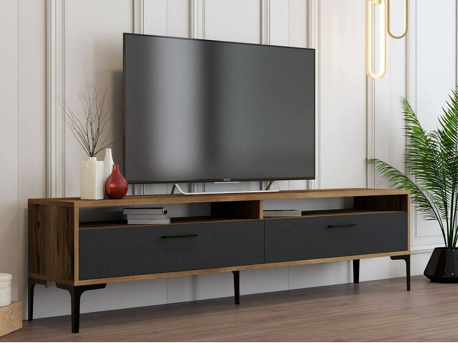 Meuble TV Eltanin, Buffet de salon, Armoire basse pour TV, Base murale de rangement, 180x47h35 cm, Noyer et Anthracite