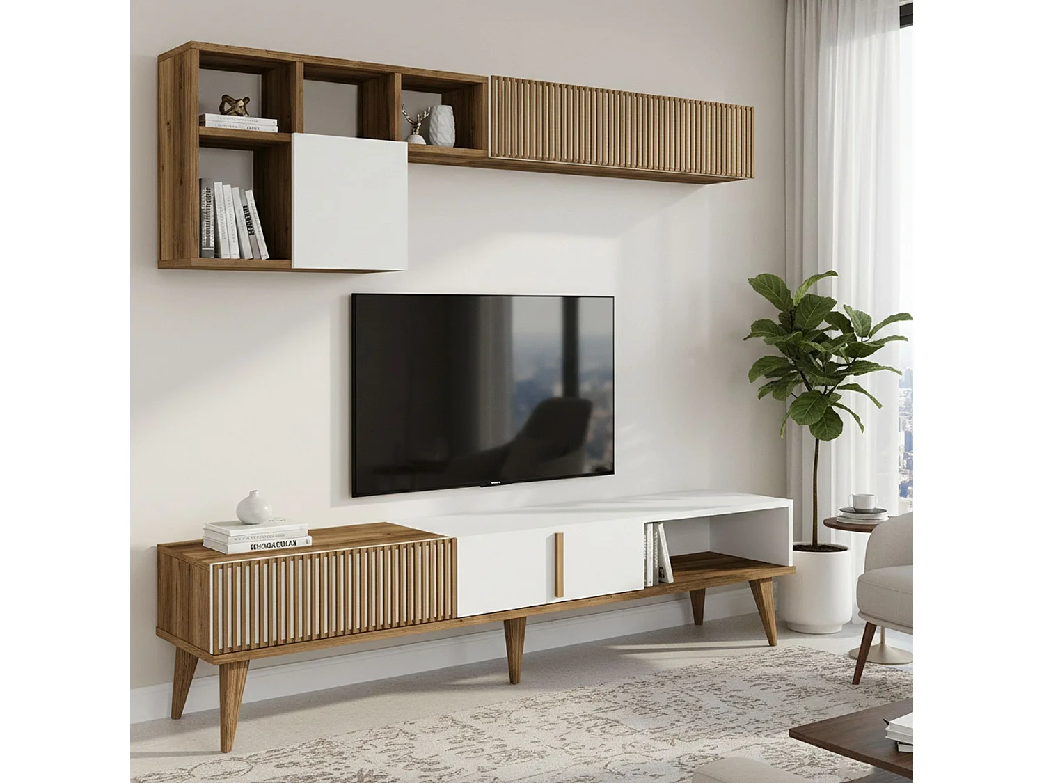 Dmalavas uitgeruste muur, Woonkamer samenstelling, Multifunctionele woonkamer kast, TV kast, 180x35h40 cm, Walnoot en Wit