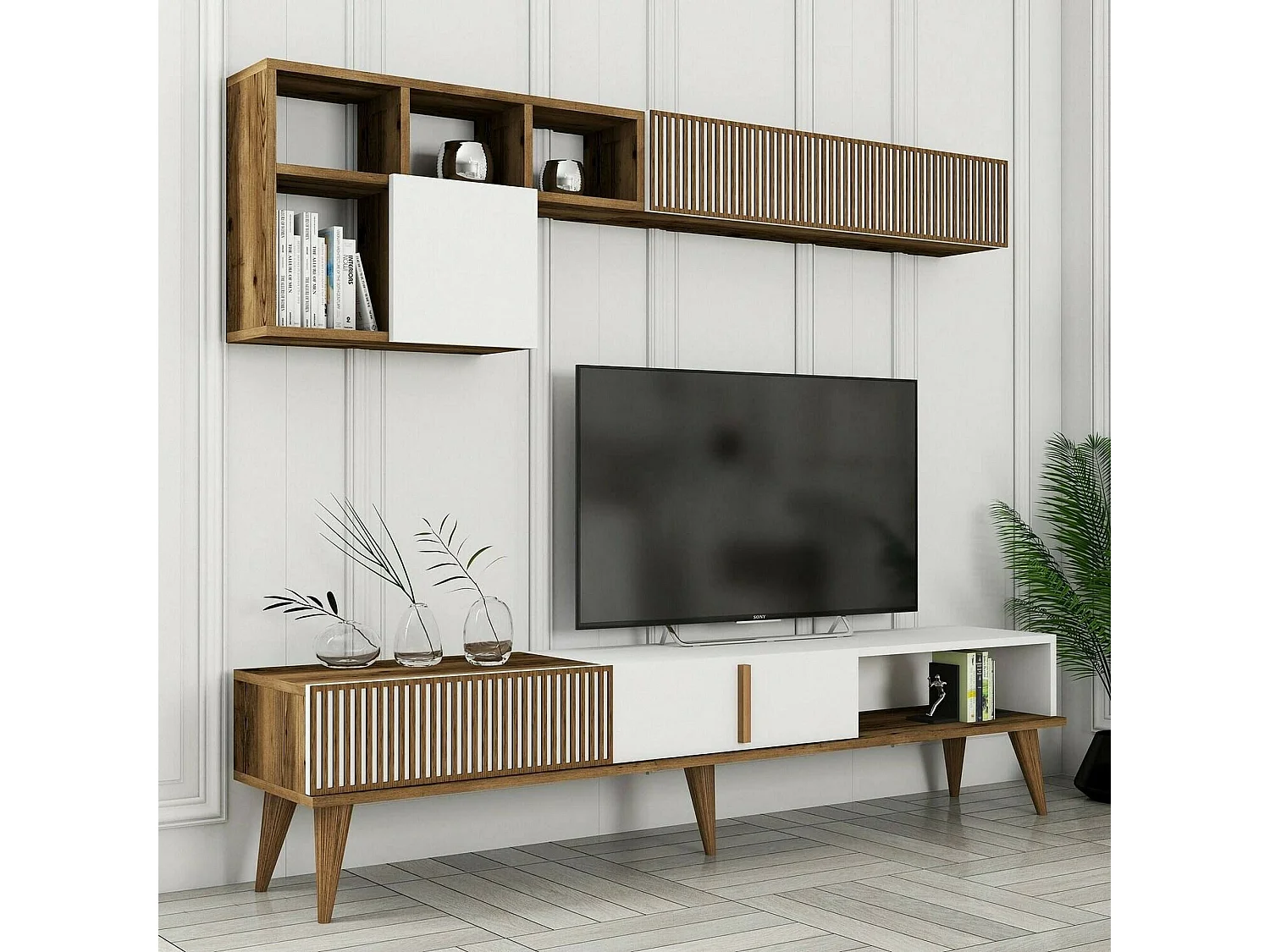Dmalavas uitgeruste muur, Woonkamer samenstelling, Multifunctionele woonkamer kast, TV kast, 180x35h40 cm, Walnoot en Wit