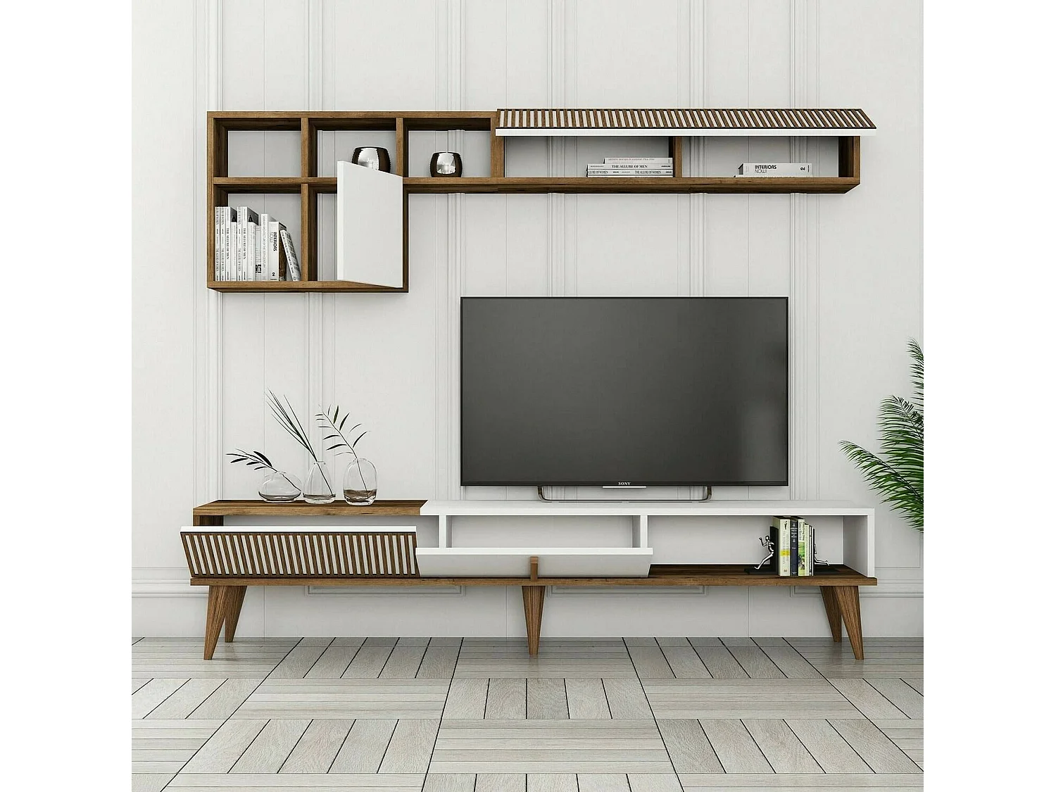 Dmalavas uitgeruste muur, Woonkamer samenstelling, Multifunctionele woonkamer kast, TV kast, 180x35h40 cm, Walnoot en Wit