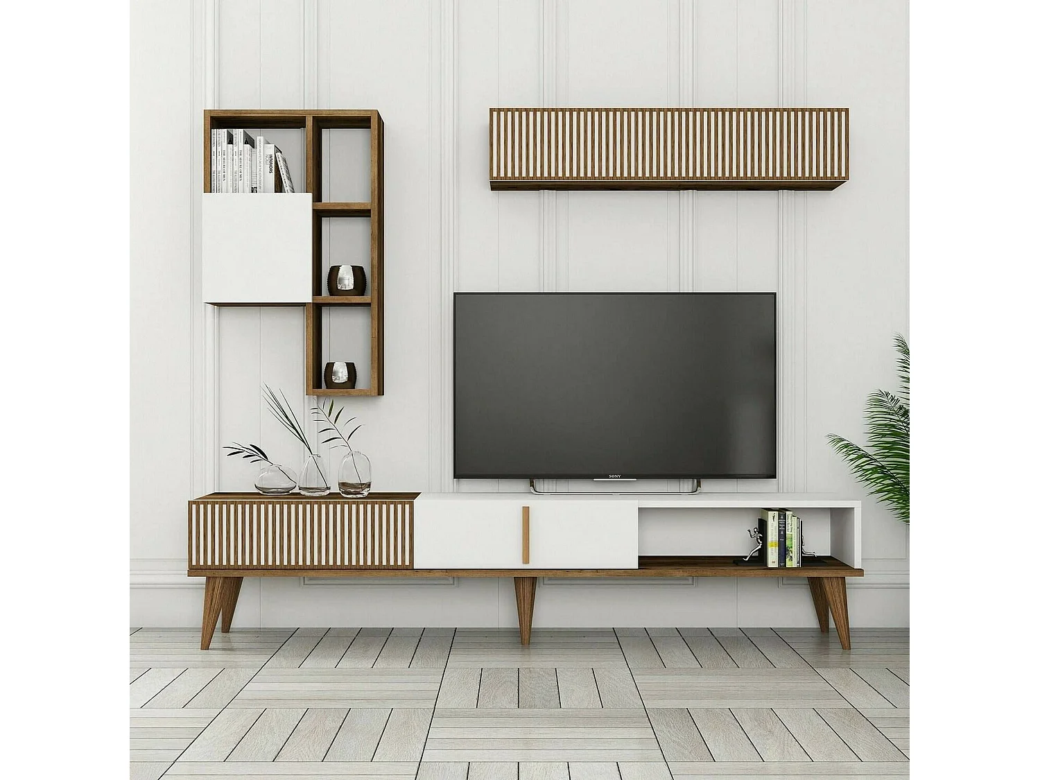 Dmalavas uitgeruste muur, Woonkamer samenstelling, Multifunctionele woonkamer kast, TV kast, 180x35h40 cm, Walnoot en Wit
