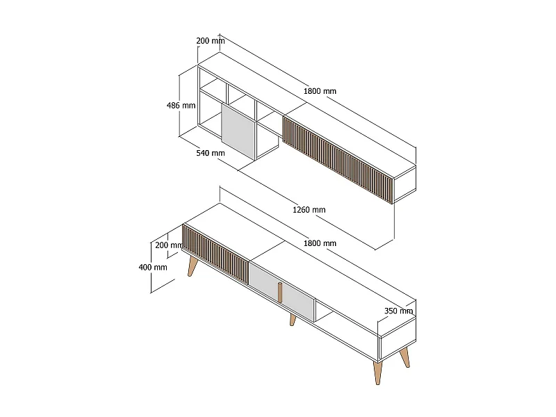 Parede equipada Dmalavas, Composição da sala de estar, Armário de sala multiuso, Armário de TV, 180x35h40 cm, Noz e Branco