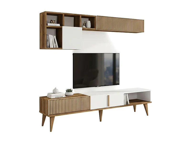 Dmalavas uitgeruste muur, Woonkamer samenstelling, Multifunctionele woonkamer kast, TV kast, 180x35h40 cm, Walnoot en Wit