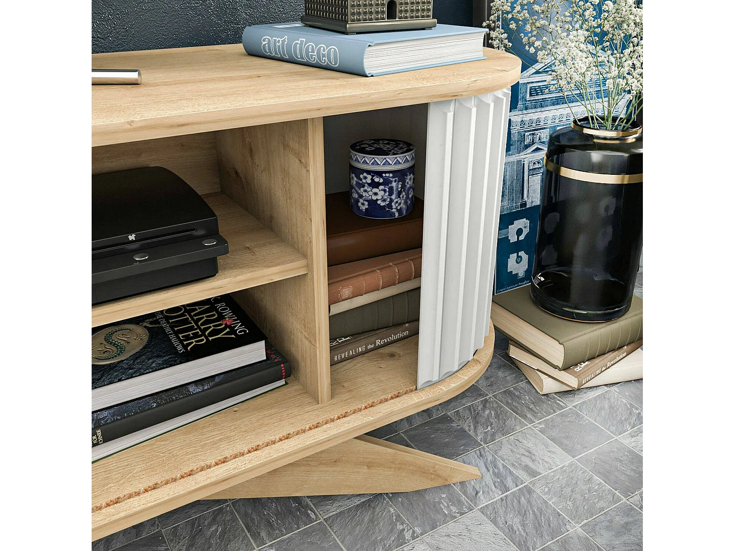 Meuble TV Aludra, Buffet de salon, Armoire basse pour TV, Base murale de rangement, 180x43h60 cm, Chêne et Blanc