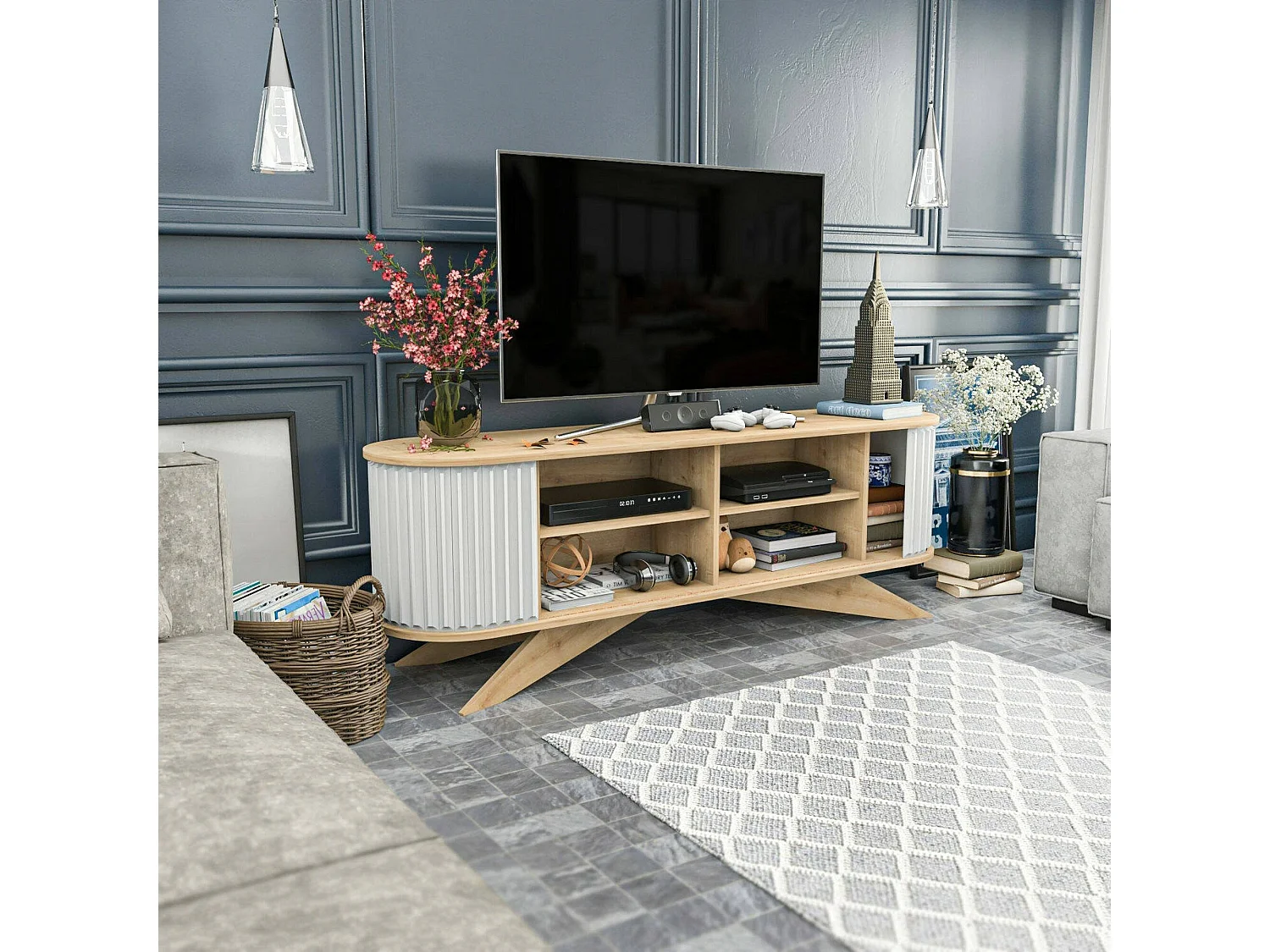 Meuble TV Aludra, Buffet de salon, Armoire basse pour TV, Base murale de rangement, 180x43h60 cm, Chêne et Blanc