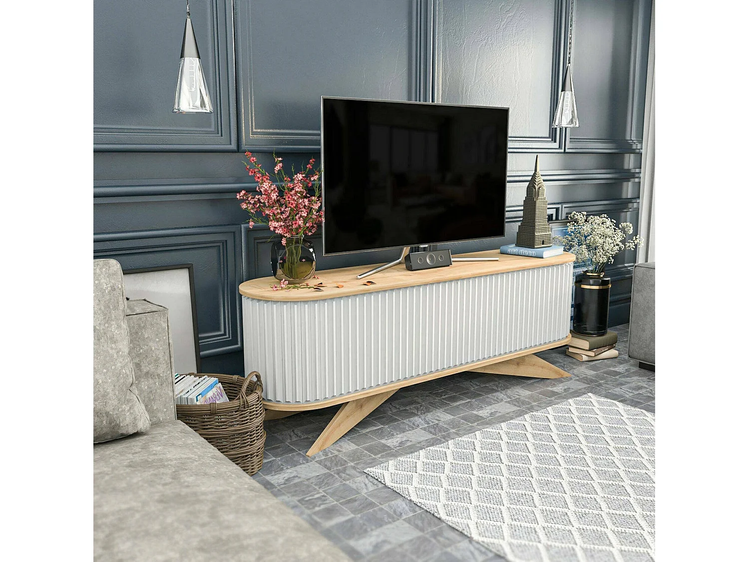 Meuble TV Aludra, Buffet de salon, Armoire basse pour TV, Base murale de rangement, 180x43h60 cm, Chêne et Blanc