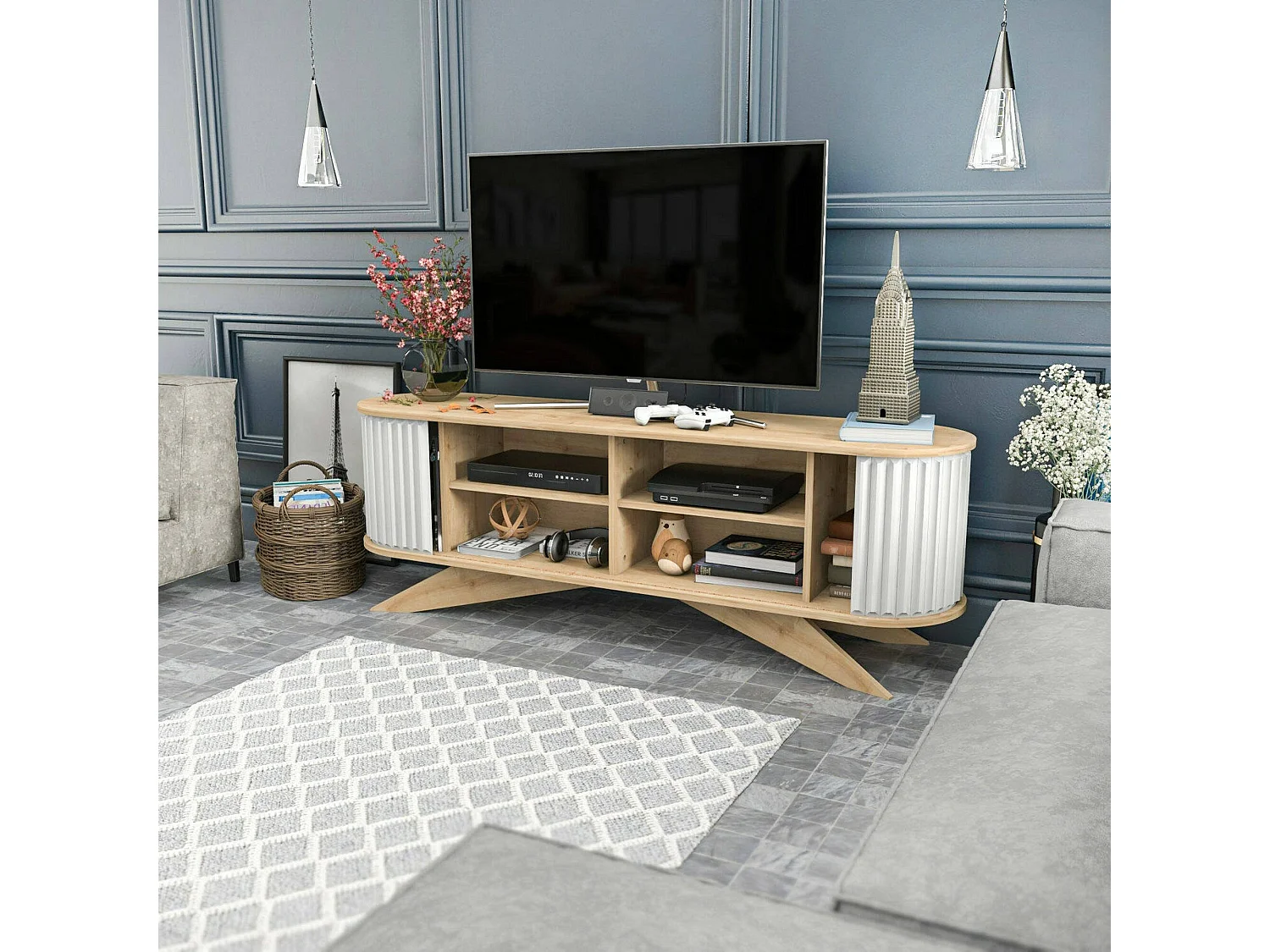 Meuble TV Aludra, Buffet de salon, Armoire basse pour TV, Base murale de rangement, 180x43h60 cm, Chêne et Blanc