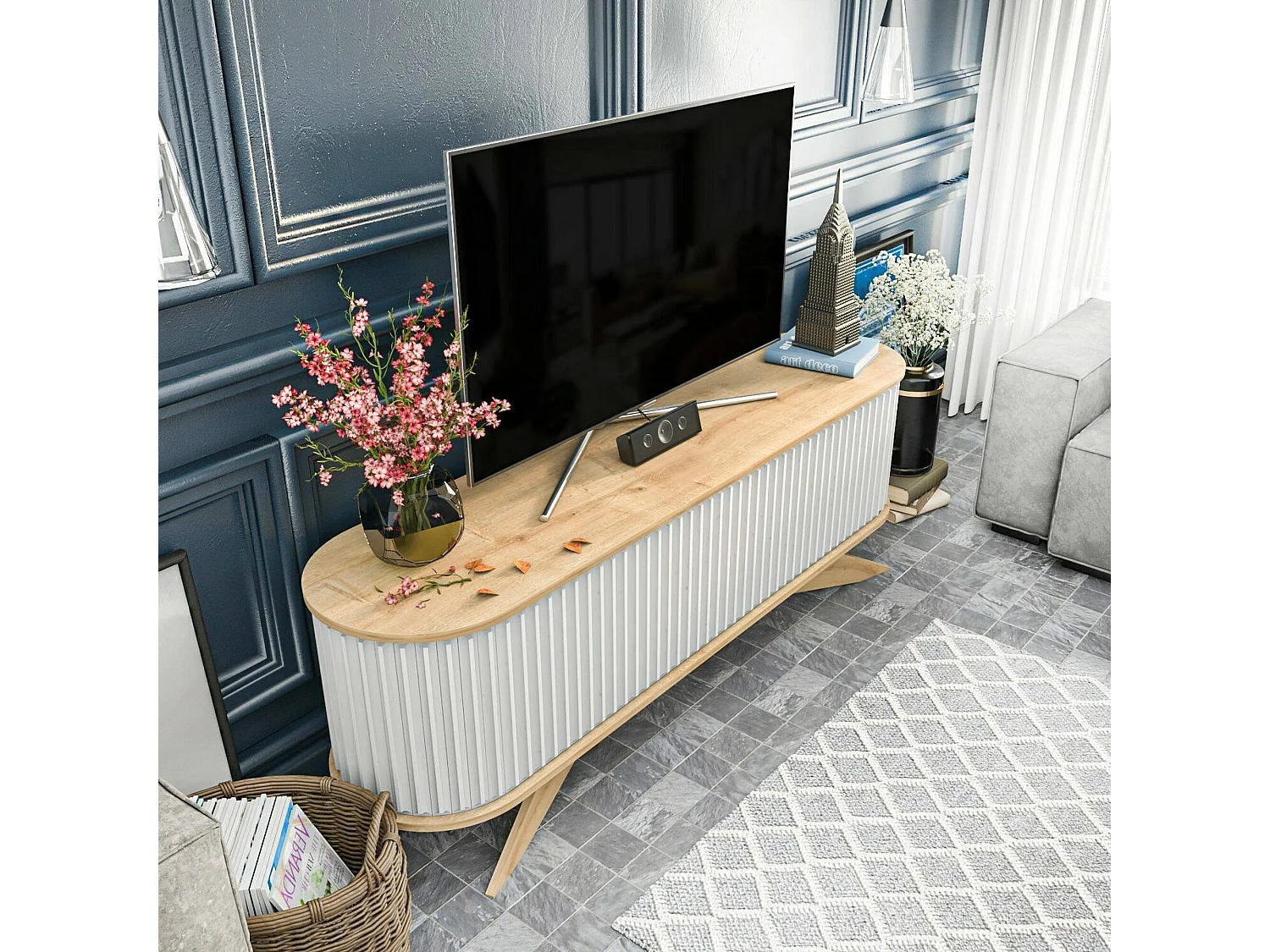 Meuble TV Aludra, Buffet de salon, Armoire basse pour TV, Base murale de rangement, 180x43h60 cm, Chêne et Blanc
