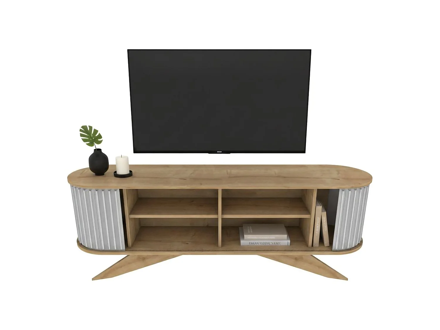 Meuble TV Aludra, Buffet de salon, Armoire basse pour TV, Base murale de rangement, 180x43h60 cm, Chêne et Blanc