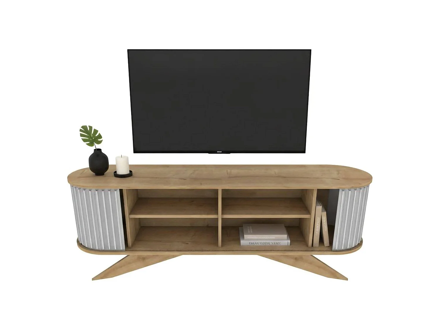 Meuble TV Aludra, Buffet de salon, Armoire basse pour TV, Base murale de rangement, 180x43h60 cm, Chêne et Blanc