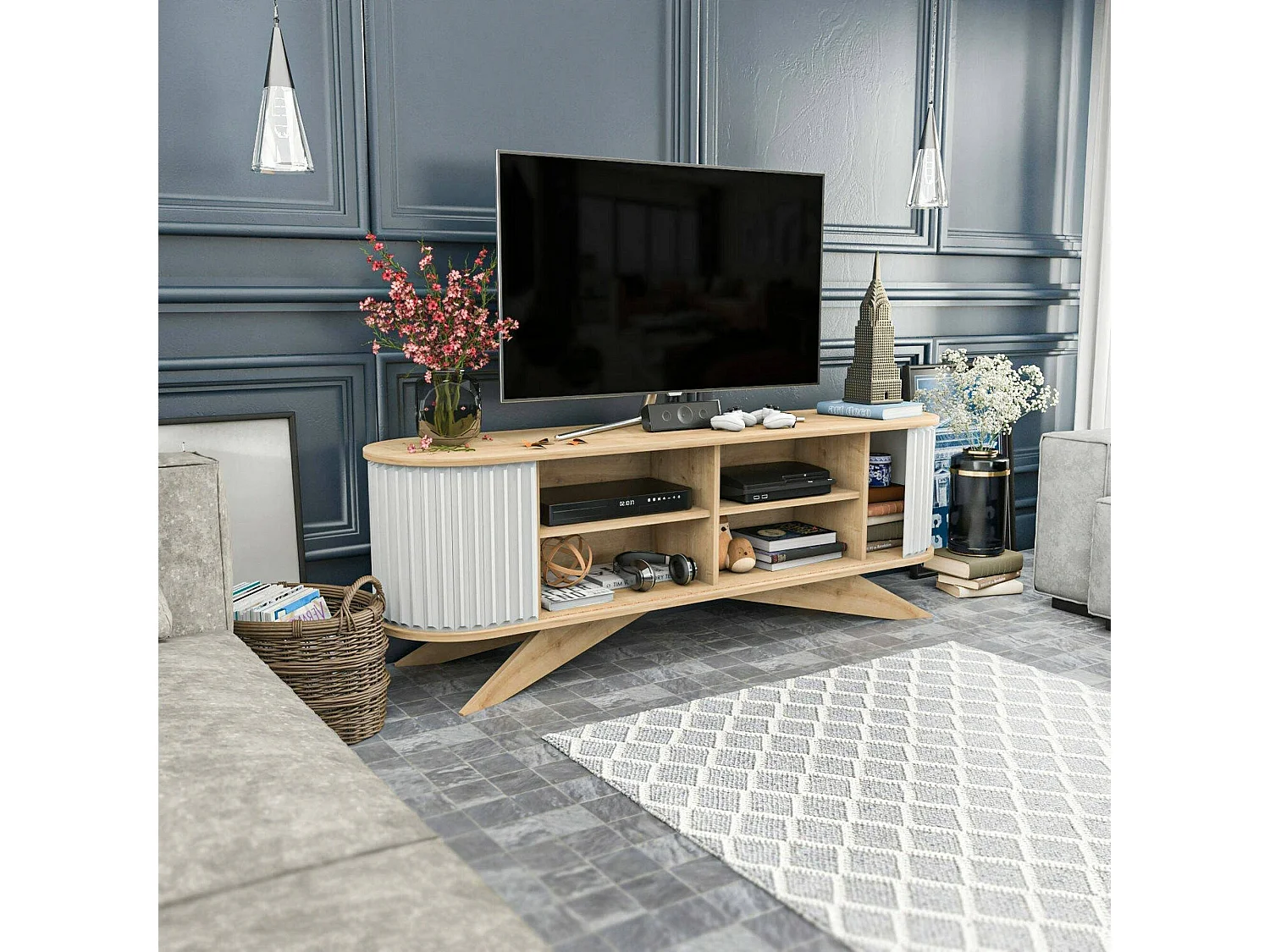 Meuble TV Aludra, Buffet de salon, Armoire basse pour TV, Base murale de rangement, 180x43h60 cm, Chêne et Blanc