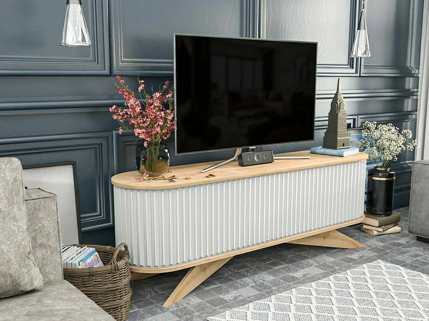 Mueble de televisión Desteve, Aparador de salón, Mueble bajo para TV, Base de pared equipada, 180x43h60 cm, Roble y Blanco
