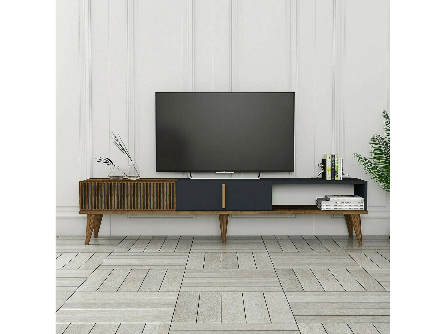 Fernsehschrank Dfirican, Ständer für Wohnzimmerfernseher, Niedriges Wohnzimmer-Sideboard, TV-Ständerbasis, 180x35h40 cm, Walnuss und Anthrazit