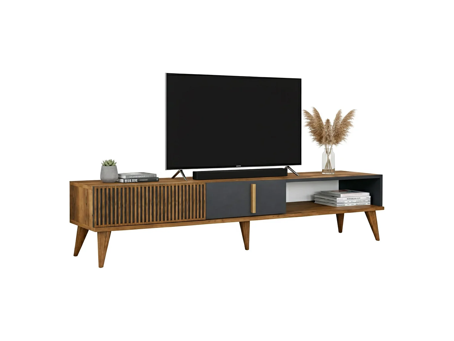 Meuble TV Aquila, Buffet de salon, Armoire basse pour TV, Base murale de rangement, 180x35h40 cm, Noyer et Anthracite