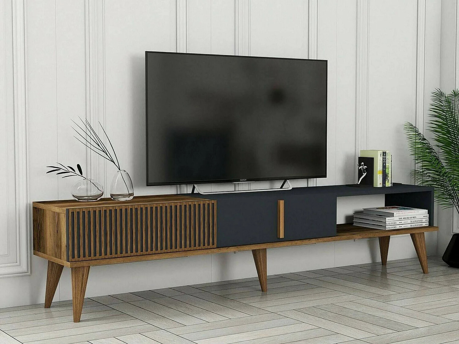 Meuble TV Aquila, Buffet de salon, Armoire basse pour TV, Base murale de rangement, 180x35h40 cm, Noyer et Anthracite