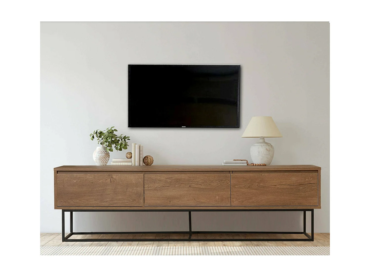 Meuble TV Eos, Buffet de salon, Armoire basse pour TV, Base murale de rangement, 180x40h50 cm, Noyer et Noir