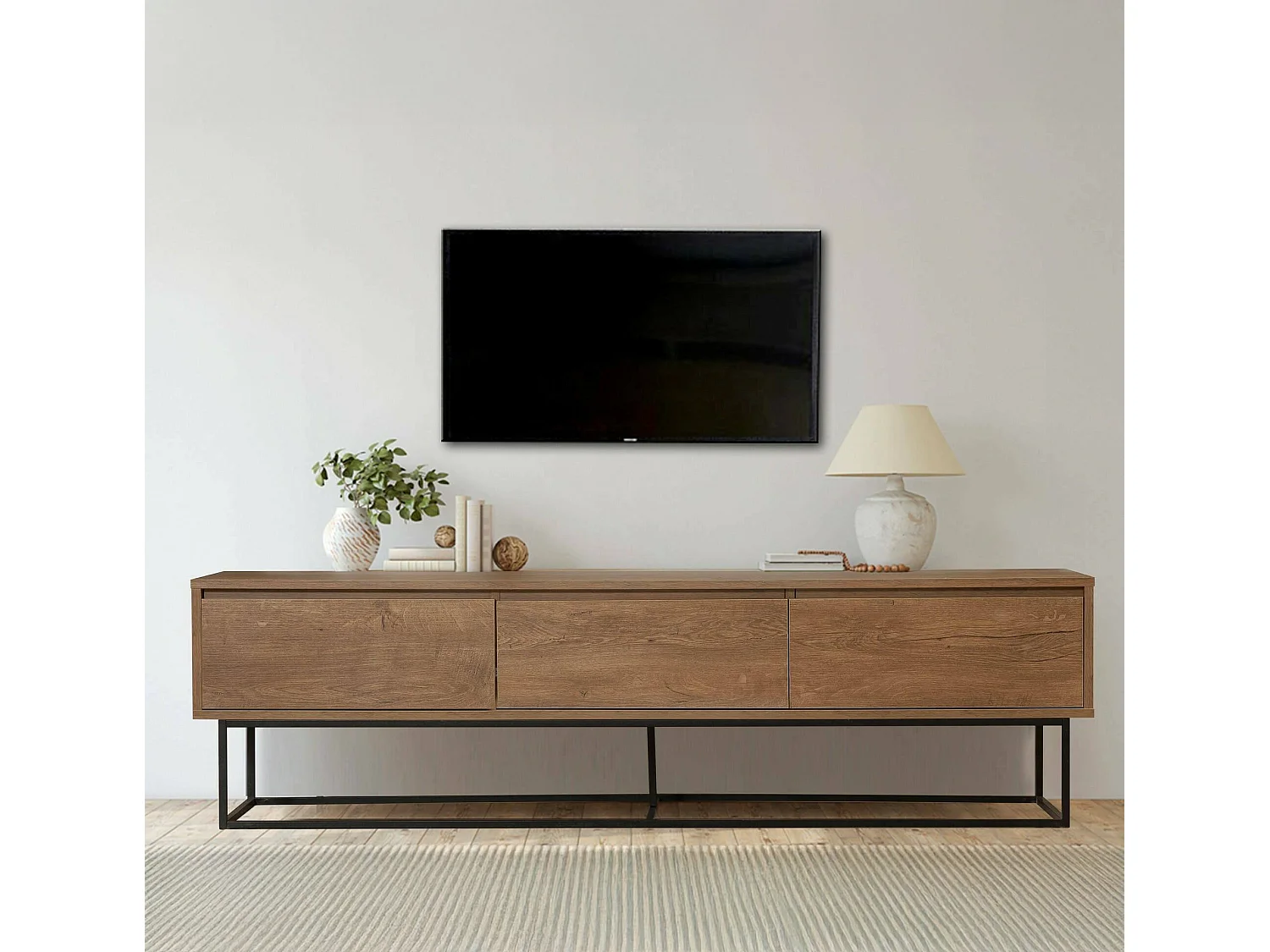 Meuble TV Eos, Buffet de salon, Armoire basse pour TV, Base murale de rangement, 180x40h50 cm, Noyer et Noir
