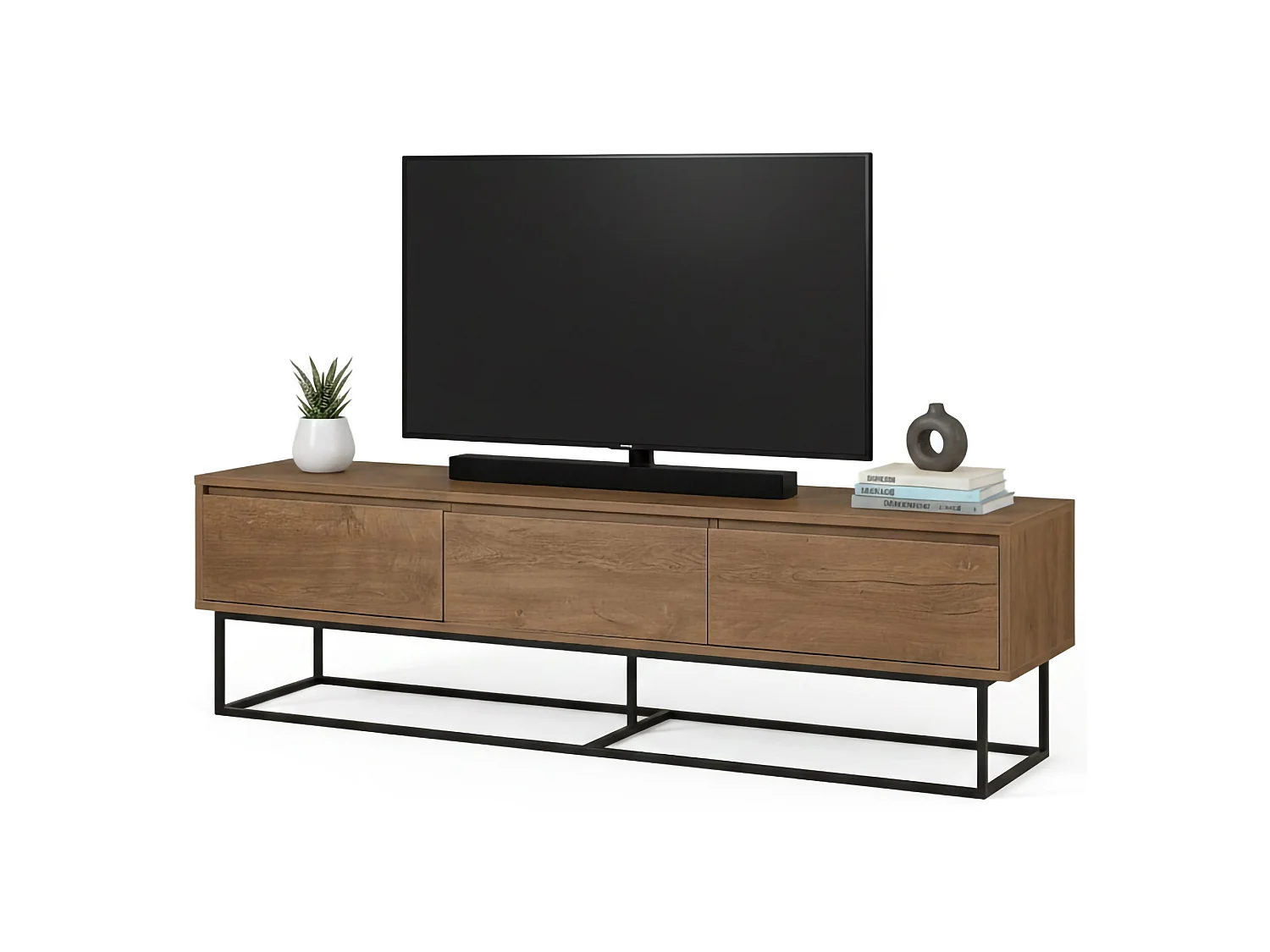 Meuble TV Eos, Buffet de salon, Armoire basse pour TV, Base murale de rangement, 180x40h50 cm, Noyer et Noir