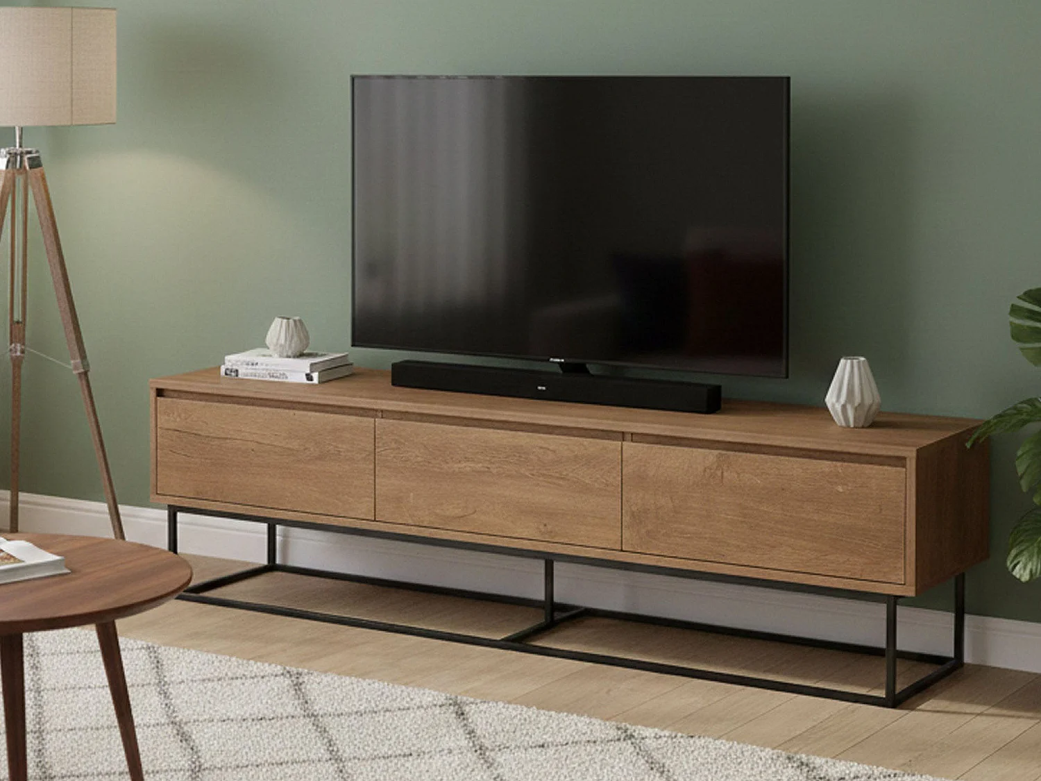 Meuble TV Eos, Buffet de salon, Armoire basse pour TV, Base murale de rangement, 180x40h50 cm, Noyer et Noir