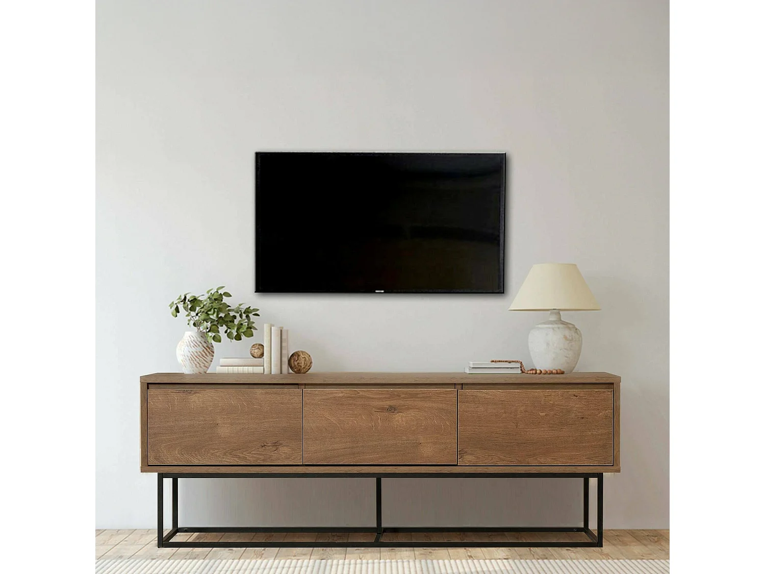 Meuble TV Eos, Buffet de salon, Armoire basse pour TV, Base murale de rangement, 140x40h50 cm, Noyer et Noir