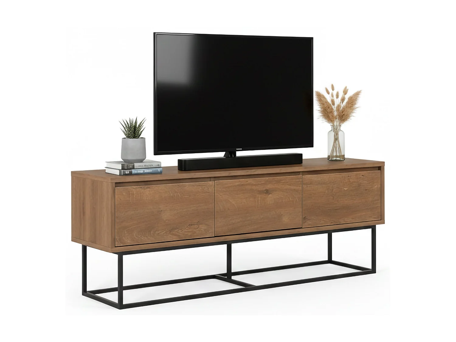 Meuble TV Eos, Buffet de salon, Armoire basse pour TV, Base murale de rangement, 140x40h50 cm, Noyer et Noir