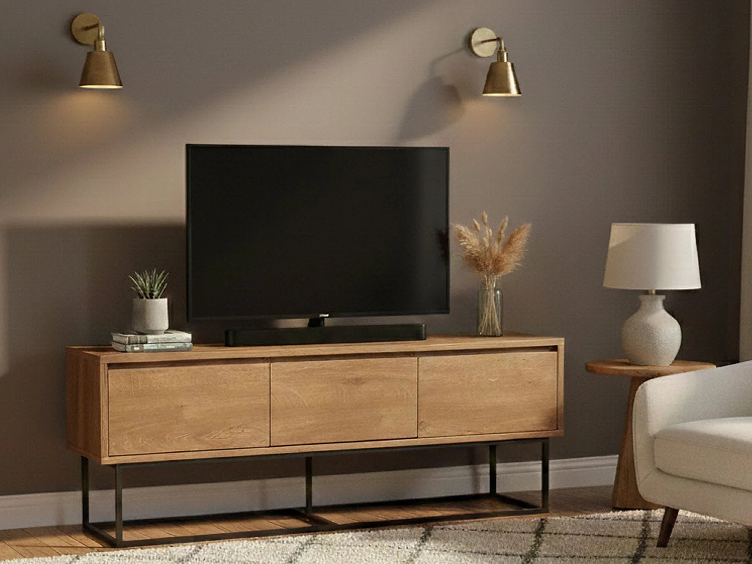 Meuble TV Eos, Buffet de salon, Armoire basse pour TV, Base murale de rangement, 140x40h50 cm, Noyer et Noir