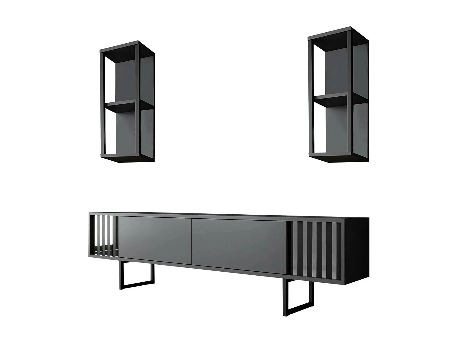 Meuble TV Ananke, Buffet de salon, Armoire basse pour TV, Base murale de rangement, 180x30h48 cm, Anthracite et Noir