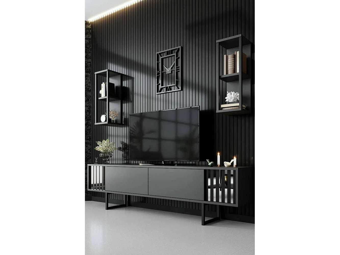 Meuble TV Ananke, Buffet de salon, Armoire basse pour TV, Base murale de rangement, 180x30h48 cm, Anthracite et Noir