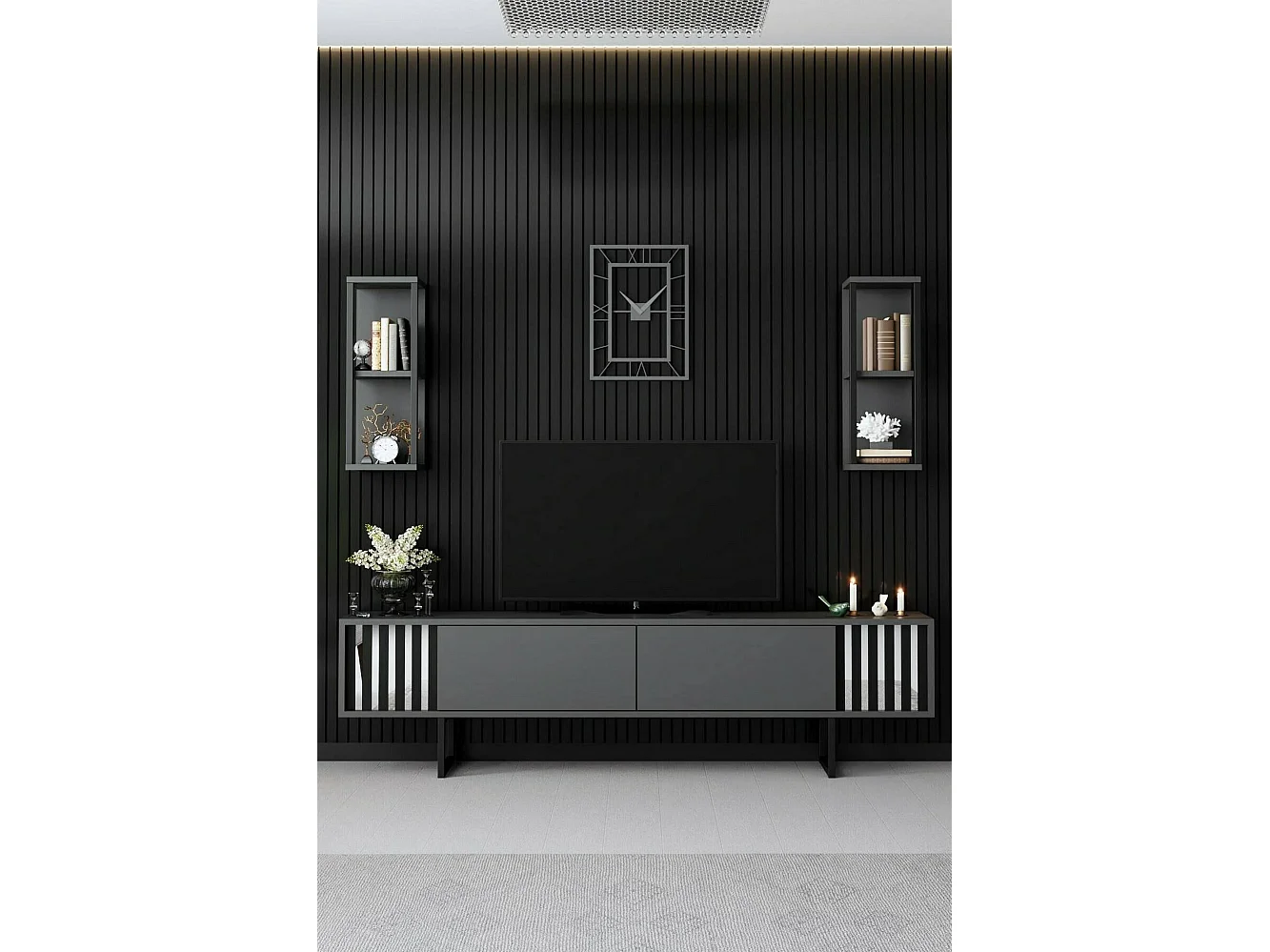 Meuble TV Ananke, Buffet de salon, Armoire basse pour TV, Base murale de rangement, 180x30h48 cm, Anthracite et Noir
