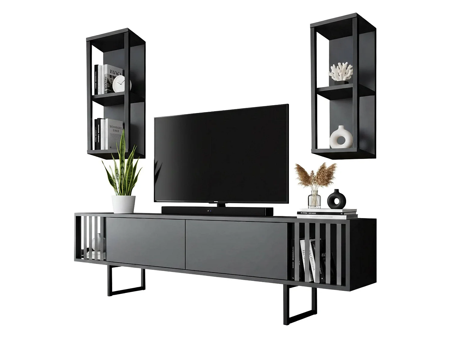 Meuble TV Ananke, Buffet de salon, Armoire basse pour TV, Base murale de rangement, 180x30h48 cm, Anthracite et Noir