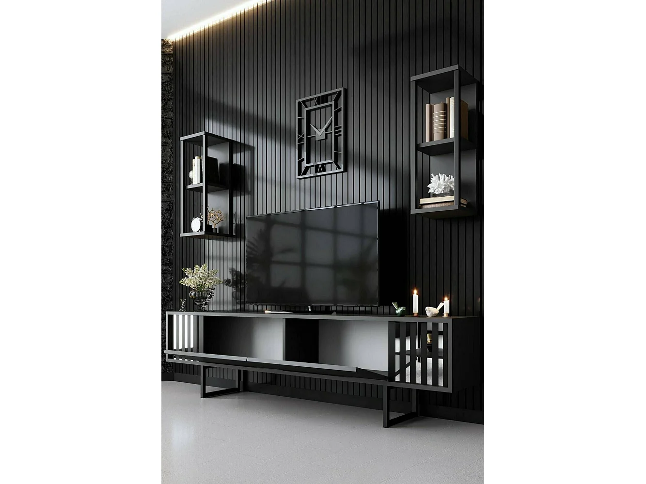 Meuble TV Ananke, Buffet de salon, Armoire basse pour TV, Base murale de rangement, 180x30h48 cm, Anthracite et Noir