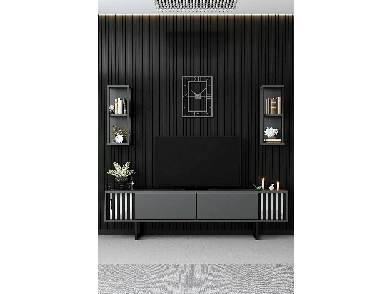 Meuble TV Ananke, Buffet de salon, Armoire basse pour TV, Base murale de rangement, 180x30h48 cm, Anthracite et Noir