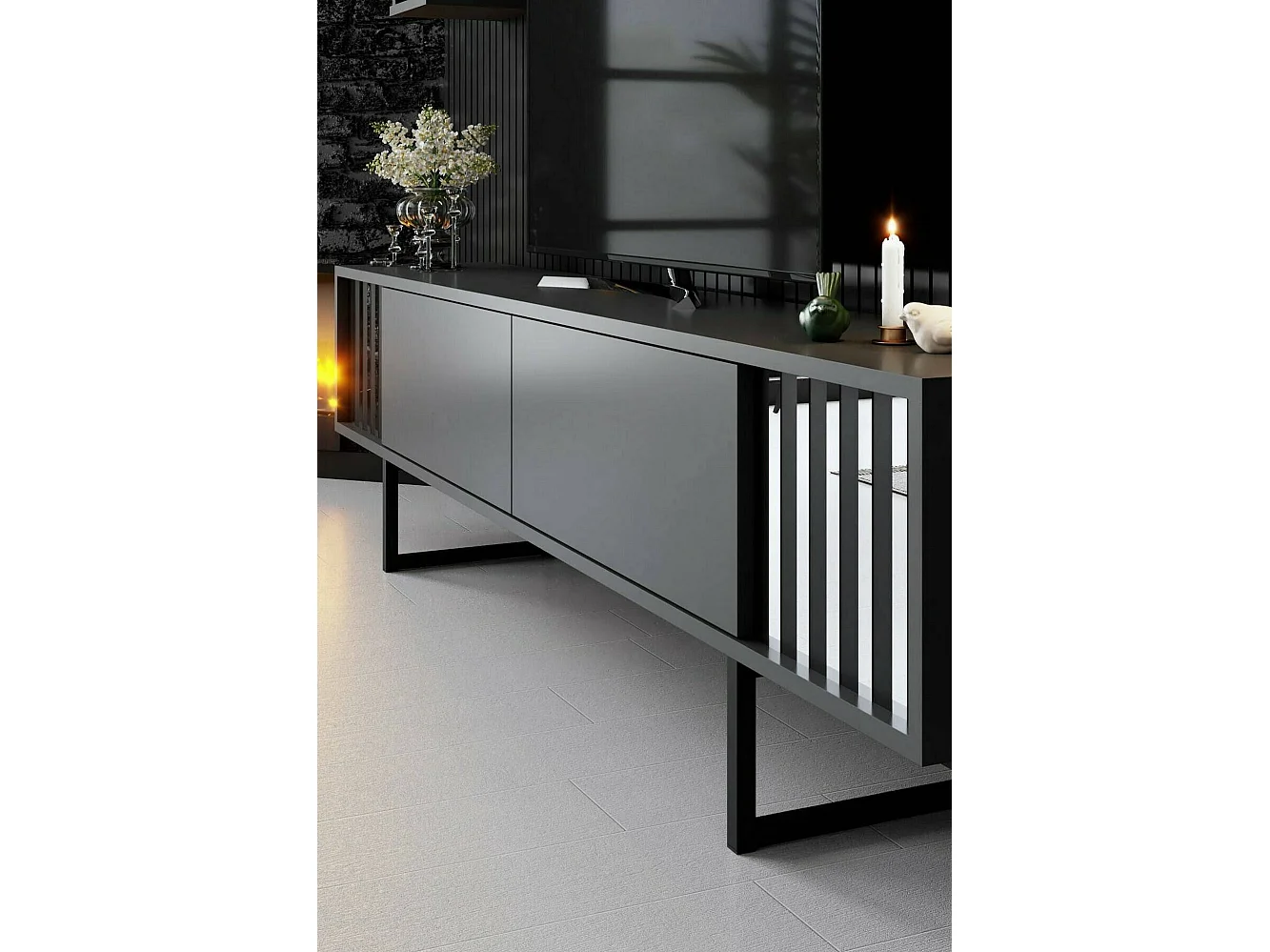Meuble TV Ananke, Buffet de salon, Armoire basse pour TV, Base murale de rangement, 180x30h48 cm, Anthracite et Noir