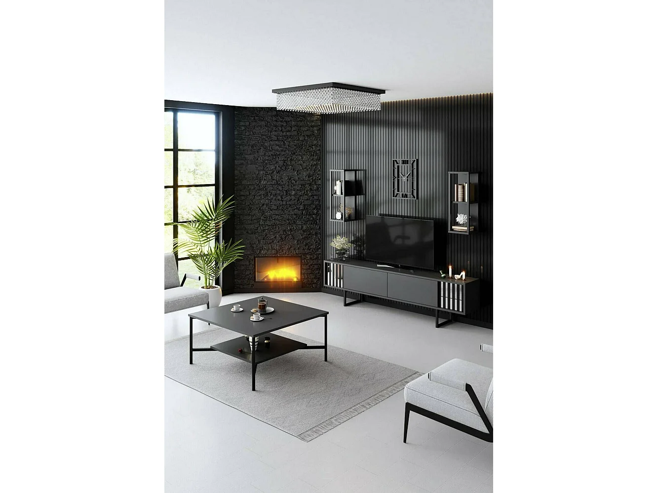 Meuble TV Ananke, Buffet de salon, Armoire basse pour TV, Base murale de rangement, 180x30h48 cm, Anthracite et Noir