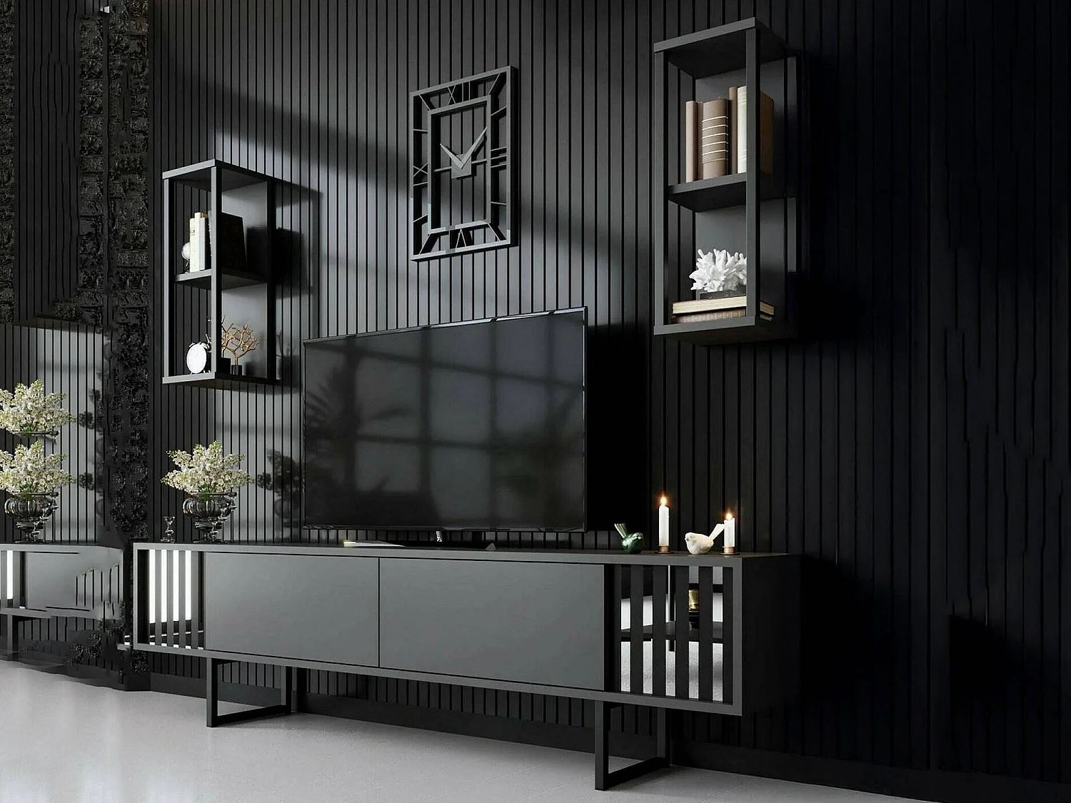 Meuble TV Ananke, Buffet de salon, Armoire basse pour TV, Base murale de rangement, 180x30h48 cm, Anthracite et Noir