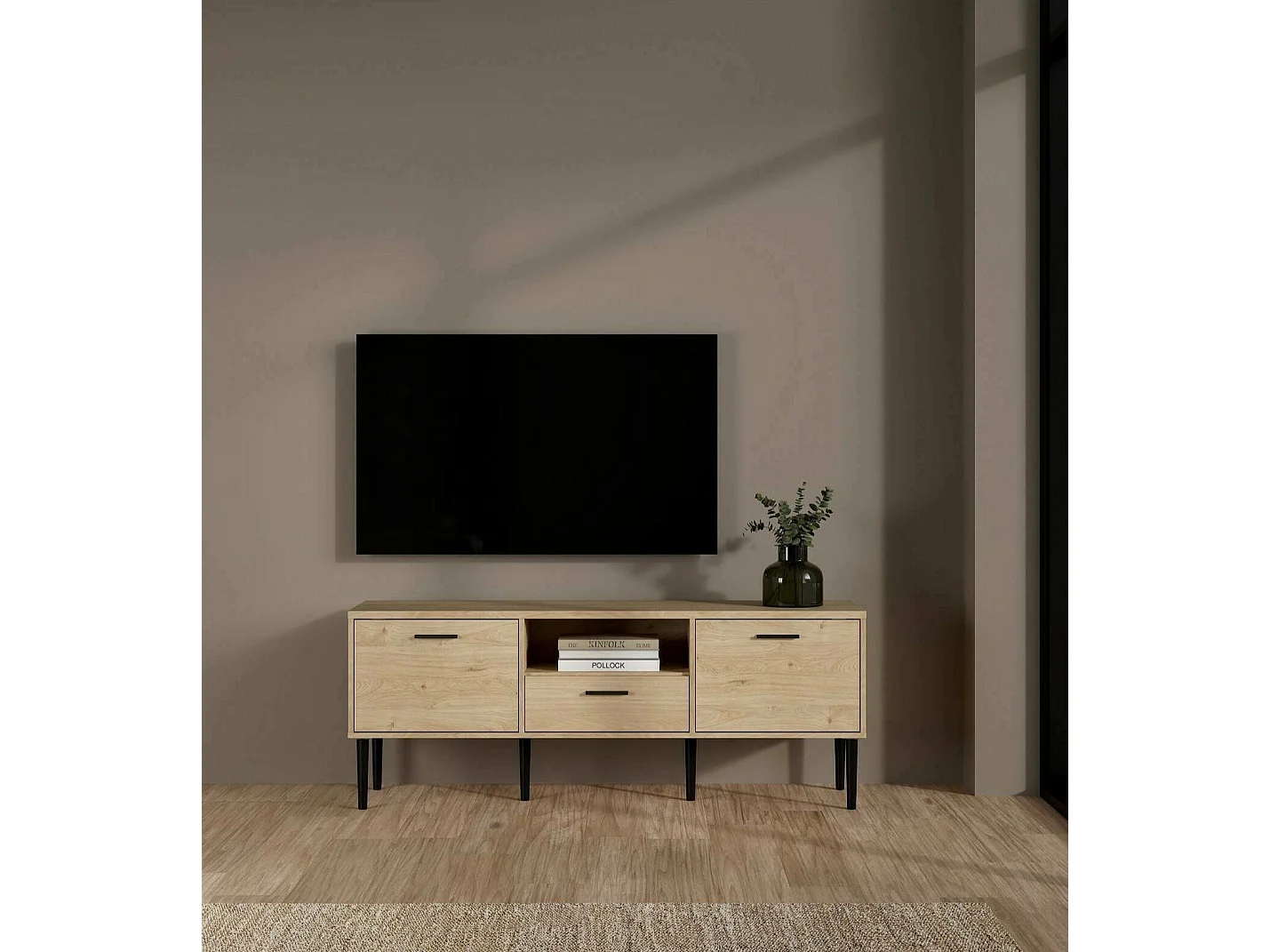 Meuble TV Dtoc, Buffet de salon, Armoire basse pour TV, Base murale de rangement, 147x40 h57 cm, Chêne clair