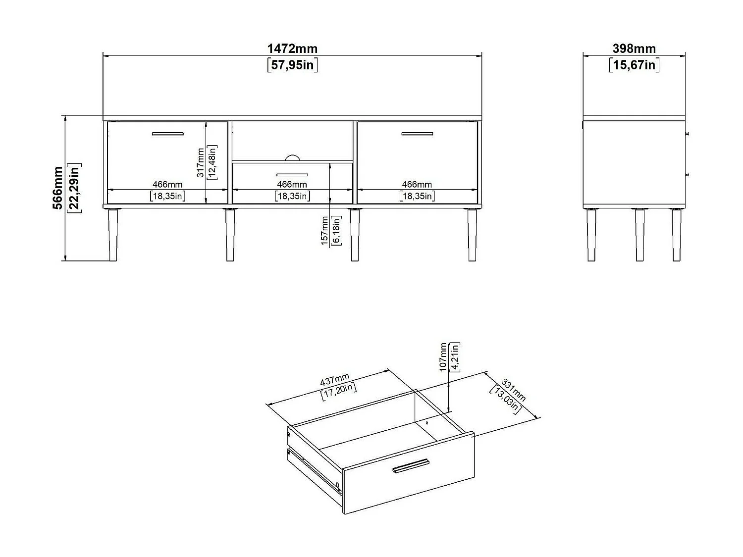 Mueble de televisión Dtoc, Aparador de salón, Mueble bajo para TV, Base de pared equipada, 147x40 h57 cm, Roble