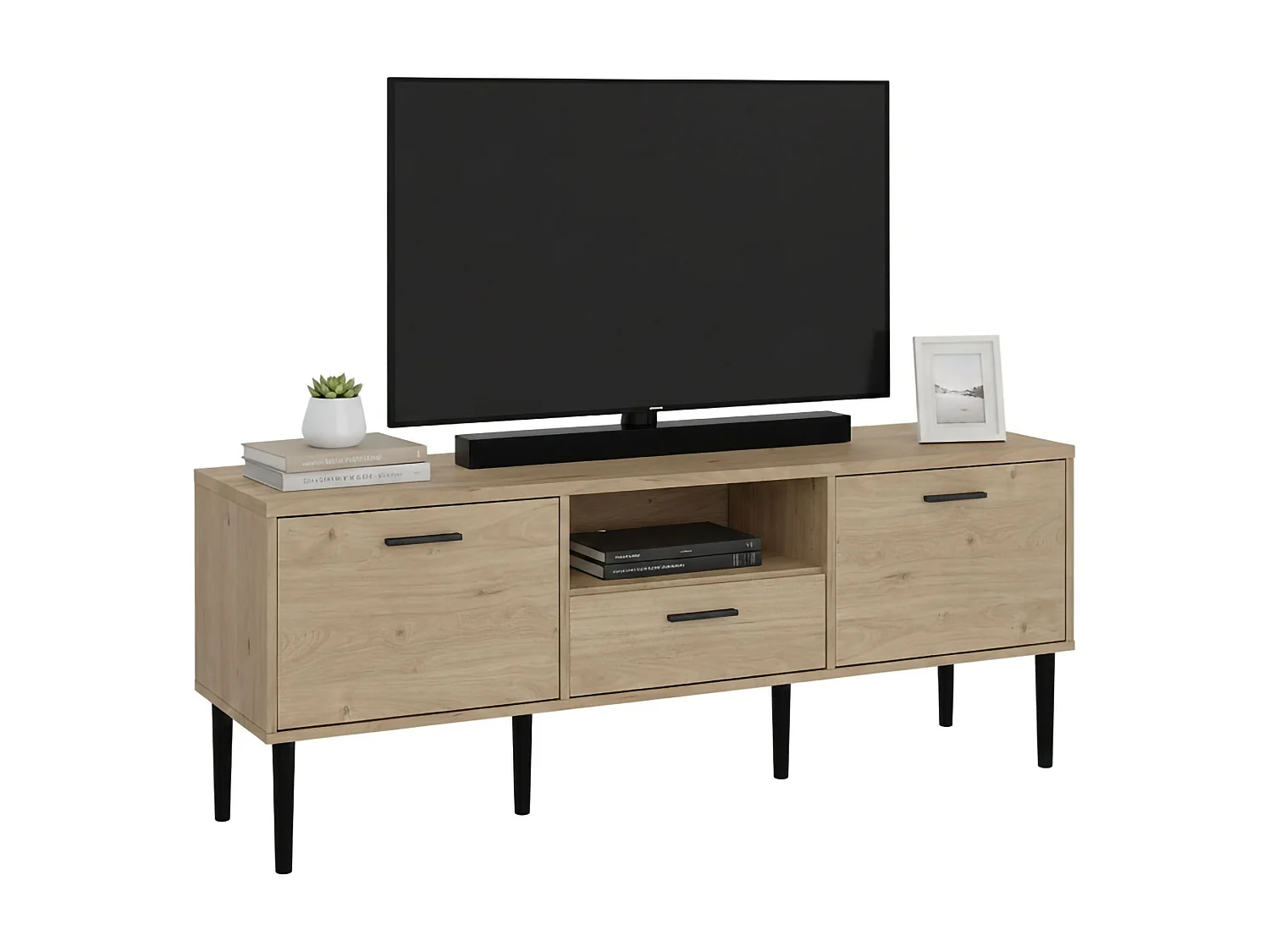 Meuble TV Dtoc, Buffet de salon, Armoire basse pour TV, Base murale de rangement, 147x40 h57 cm, Chêne clair