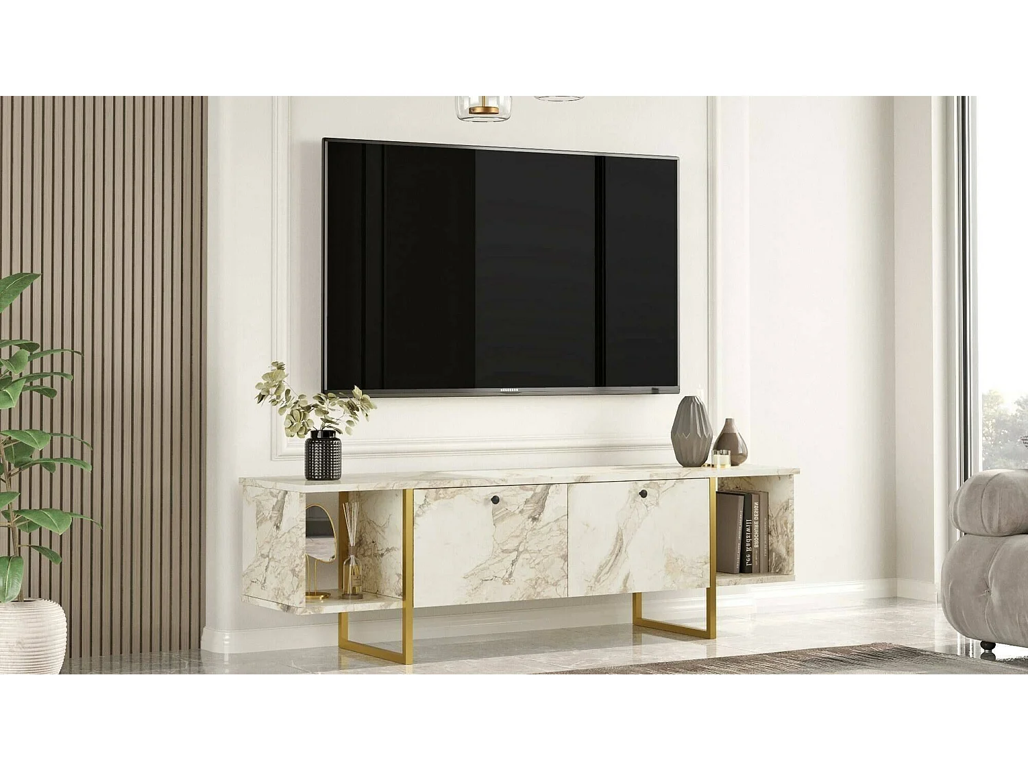 Fernsehschrank Dflorian, Ständer für Wohnzimmerfernseher, Niedriges Wohnzimmer-Sideboard, TV-Ständerbasis, 160x40h48 cm, WeiÃŸ und Gold