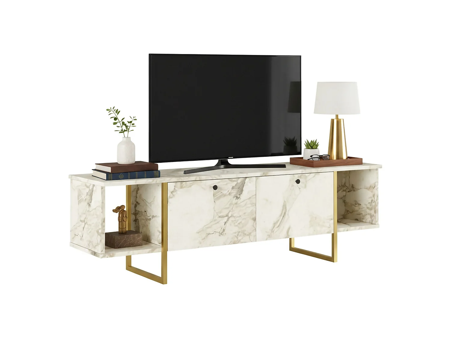 Meuble TV Arneb, Buffet de salon, Armoire basse pour TV, Base murale de rangement, 160x40h48 cm, Blanc et Or