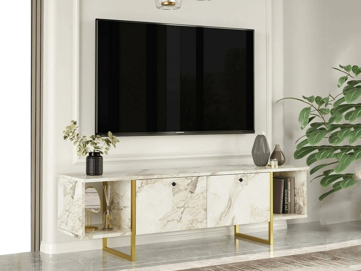 Meuble TV Arneb, Buffet de salon, Armoire basse pour TV, Base murale de rangement, 160x40h48 cm, Blanc et Or