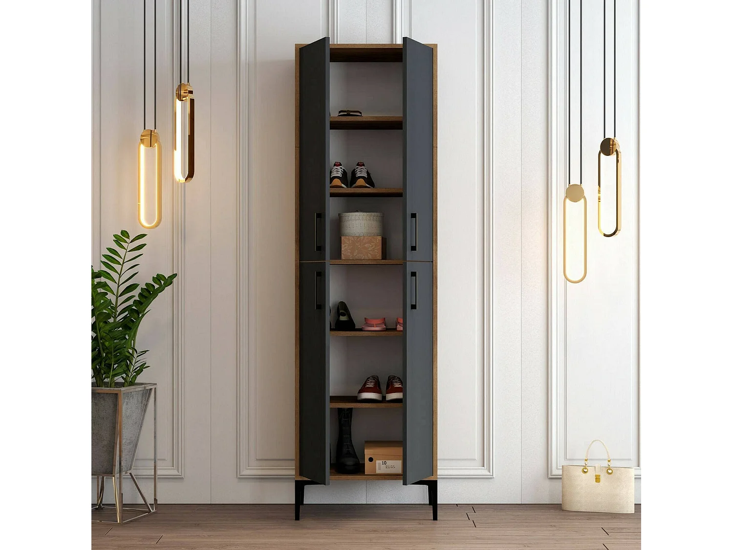 Meuble à chaussures Mimosa, Meuble à chaussures, Armoire d'entrée polyvalente, Rangement pour chaussures, 60x35h200 cm, Noyer et Anthracite