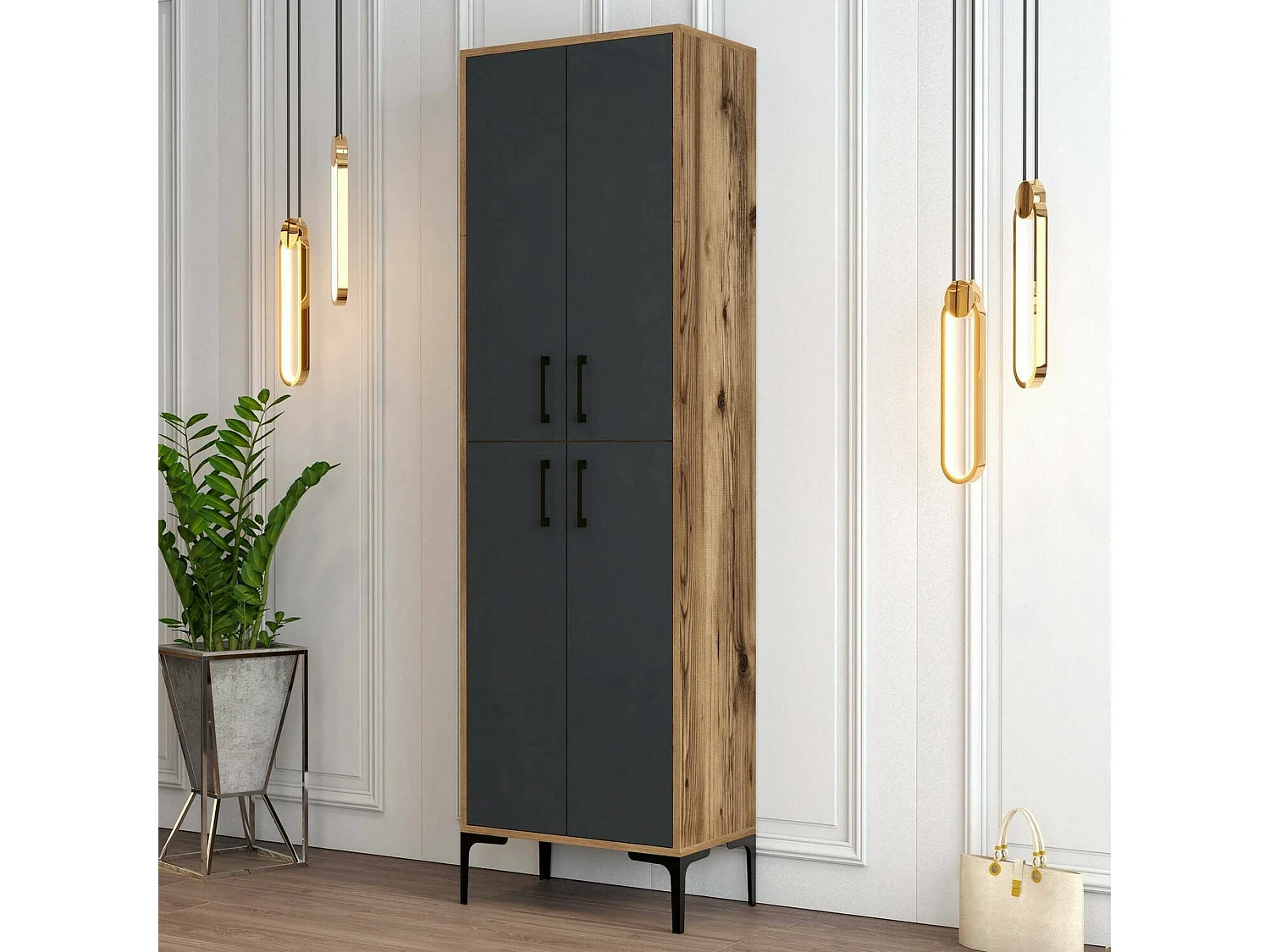 Meuble à chaussures Mimosa, Meuble à chaussures, Armoire d'entrée polyvalente, Rangement pour chaussures, 60x35h200 cm, Noyer et Anthracite