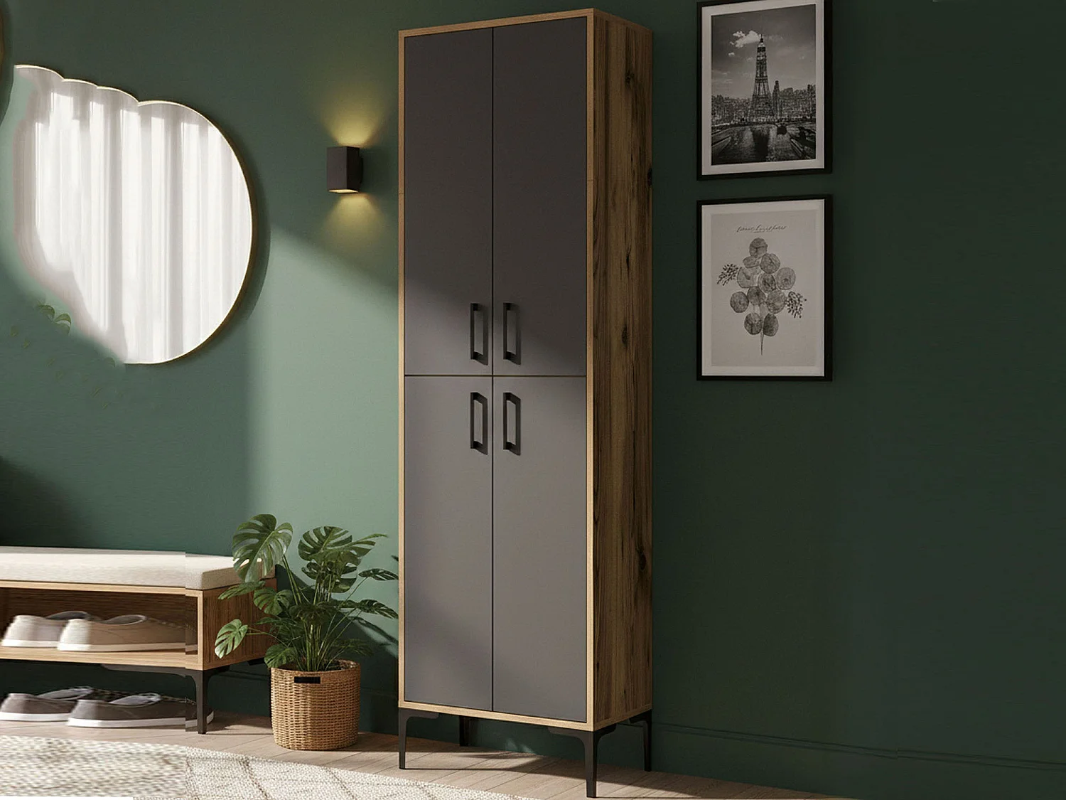 Meuble à chaussures Mimosa, Meuble à chaussures, Armoire d'entrée polyvalente, Rangement pour chaussures, 60x35h200 cm, Noyer et Anthracite