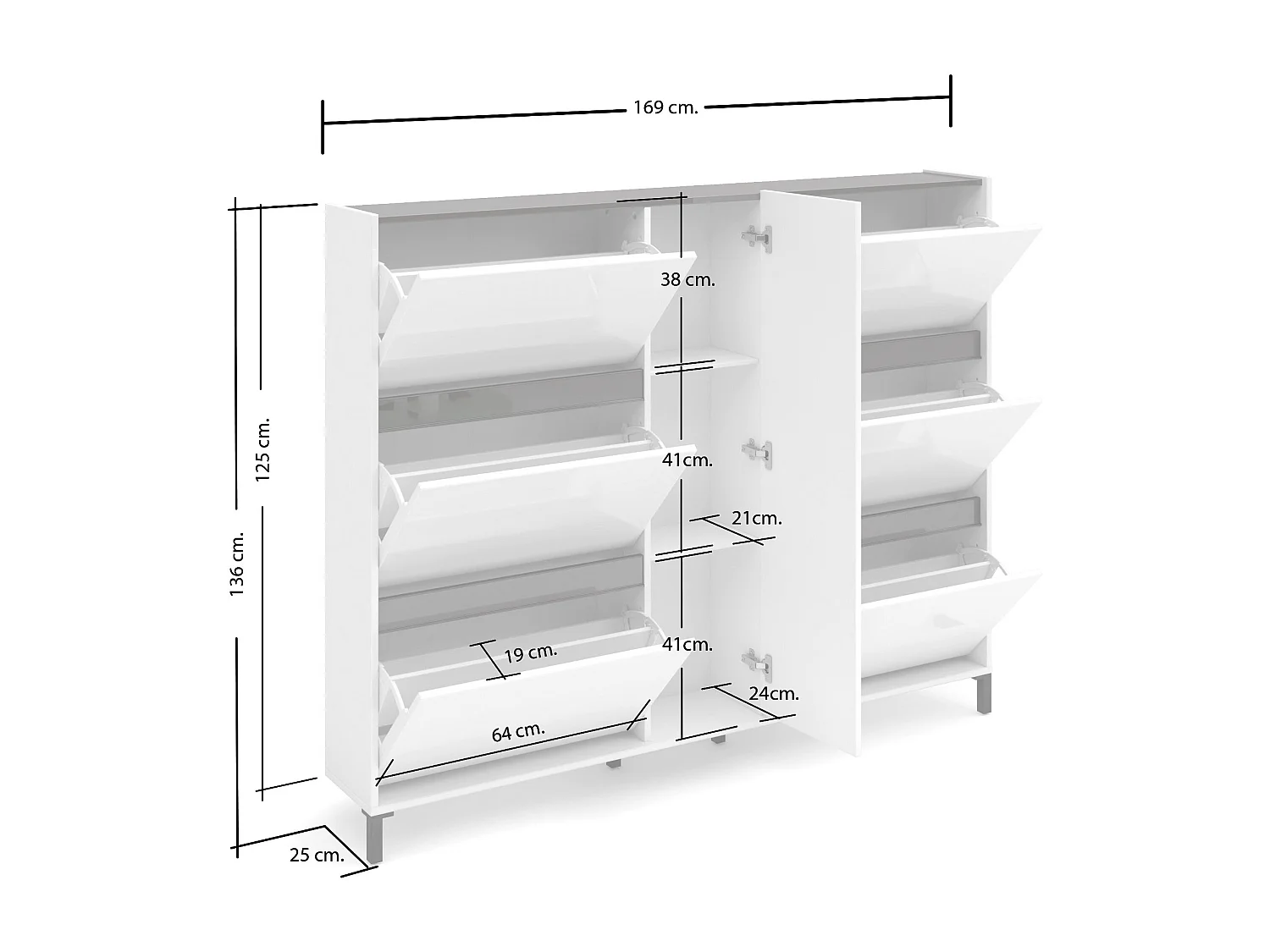 Schuhschrank Daskildse, Schuhregal, Mehrzweck-Eingangsgarderobe, Möbel für Schuhe, Made in Italy, 169x25h136 cm, Glänzendes WeiÃŸ
