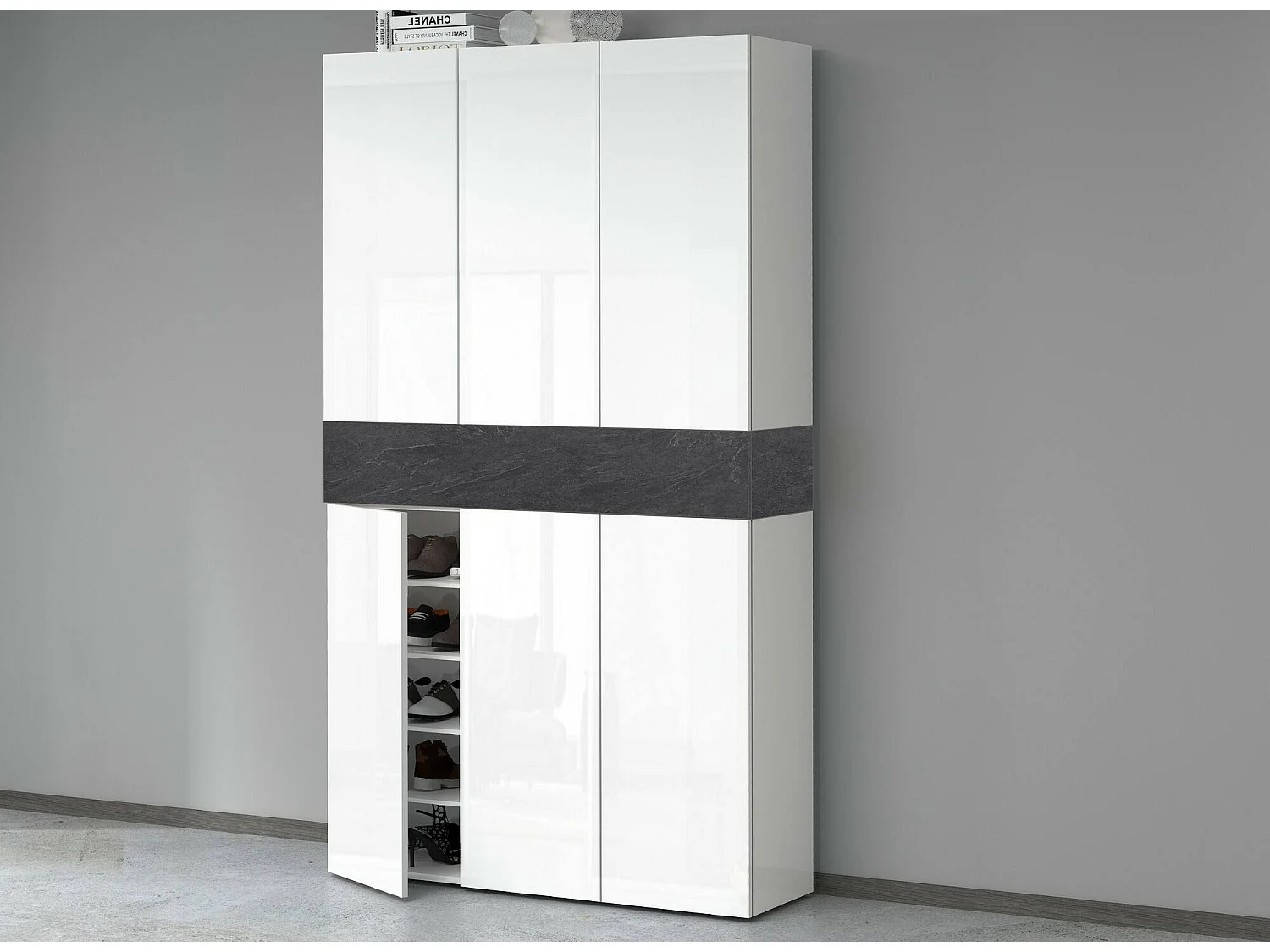 Étagère à chaussures Marzio, étagère à chaussures peu encombrante à 7 portes, armoire d'entrée multifonctionnelle, 114x38h200 cm, Blanc et Ardoise