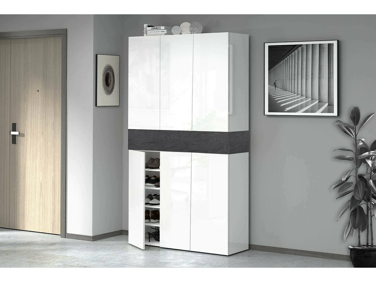 Étagère à chaussures Marzio, étagère à chaussures peu encombrante à 7 portes, armoire d'entrée multifonctionnelle, 114x38h200 cm, Blanc et Ardoise